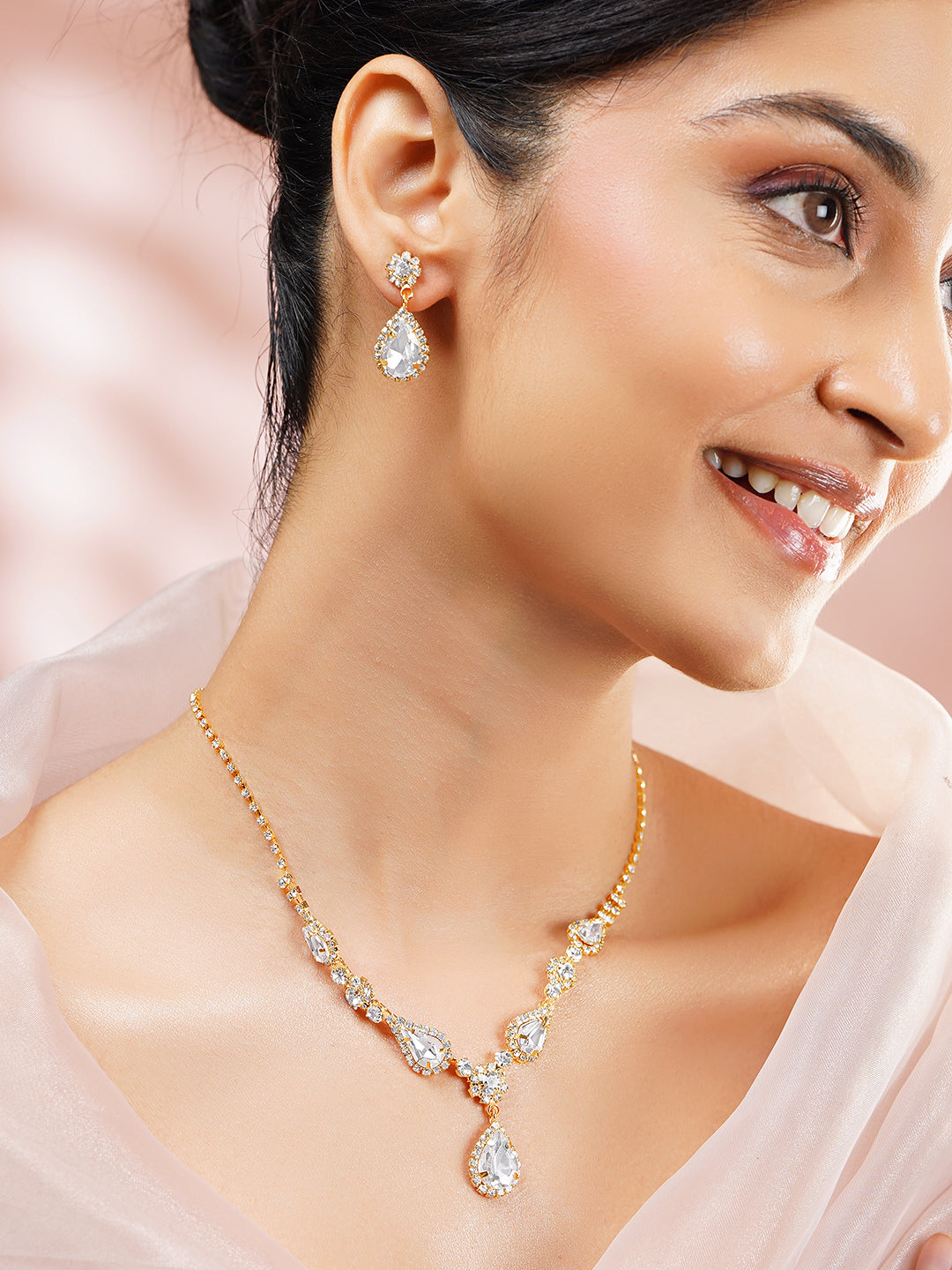 Gold Toned American Diamond Zirconia Necklace Set フリーサイズ