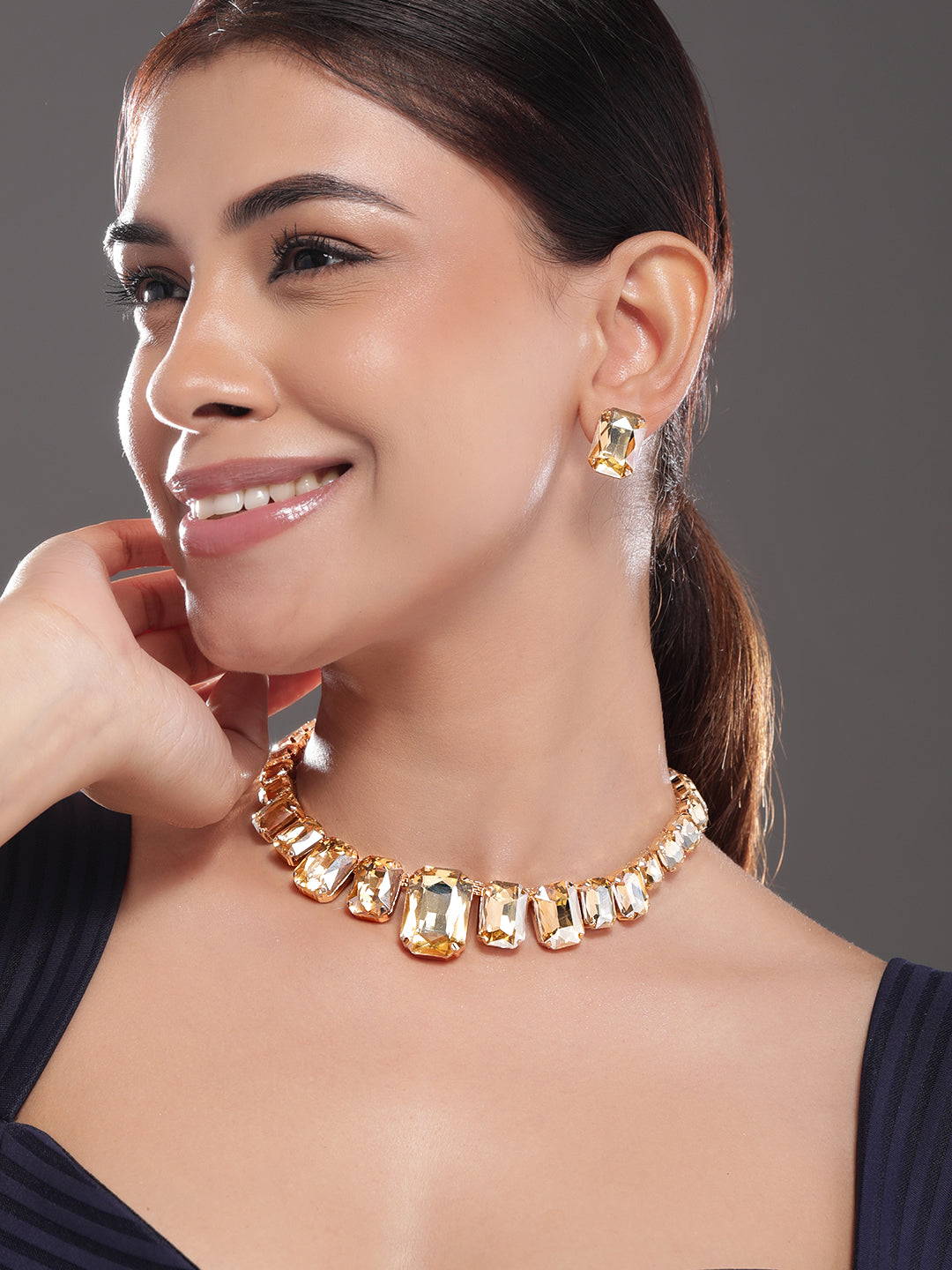 Champagne Crystal Chunky Necklace Set Gold