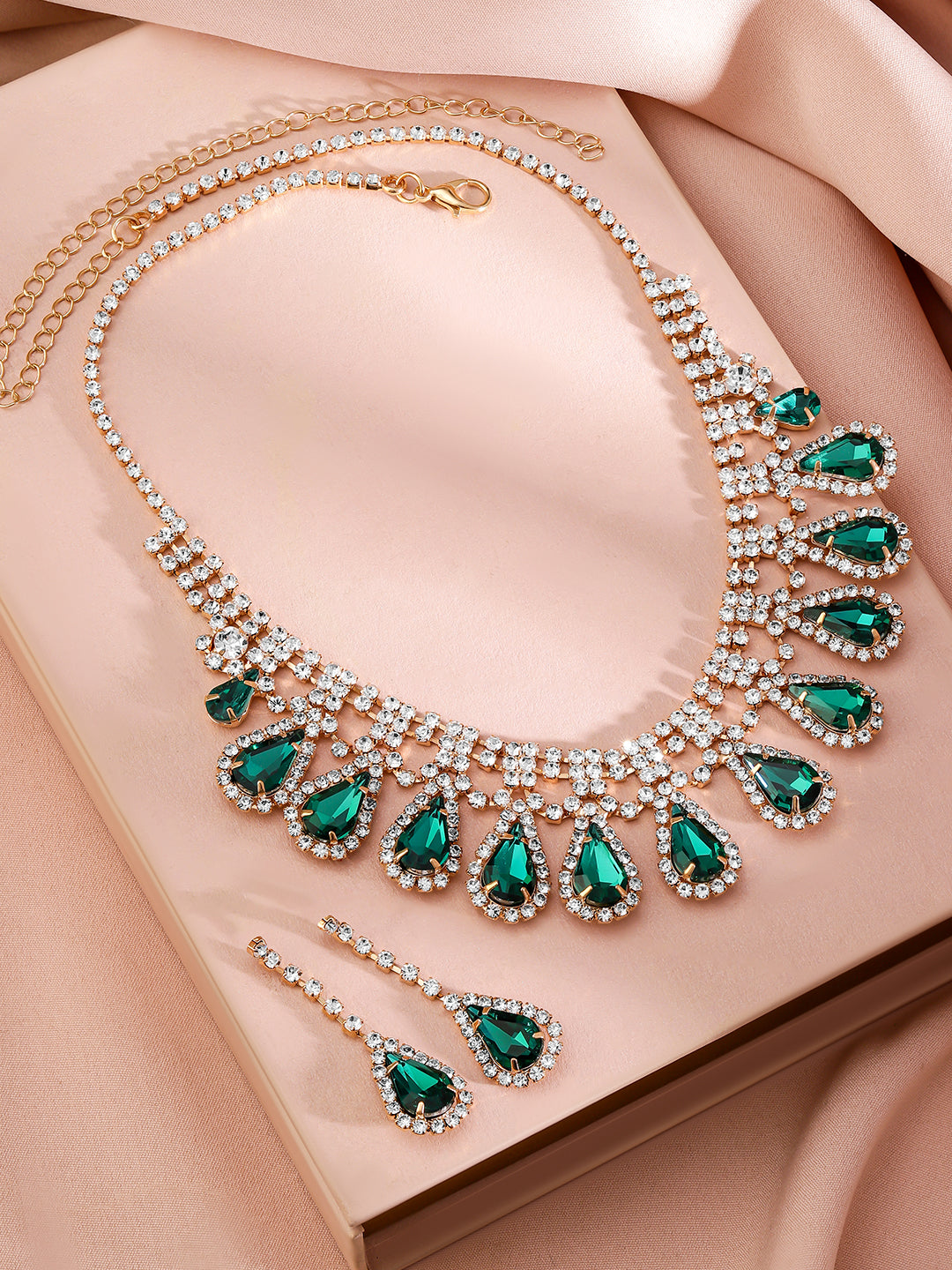 Green Teardrop American Diamond Zirconia Necklace Set フリーサイズ