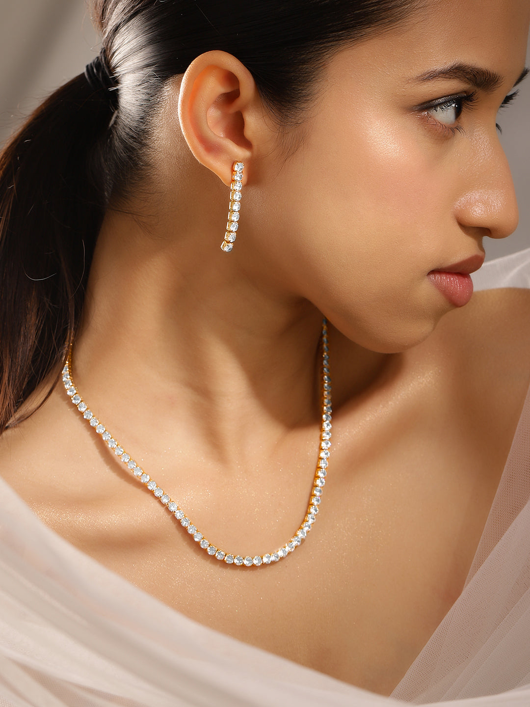 American Diamond Zirconia Tennis Necklace Set Gold