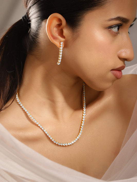 American Diamond Zirconia Tennis Necklace Set Gold