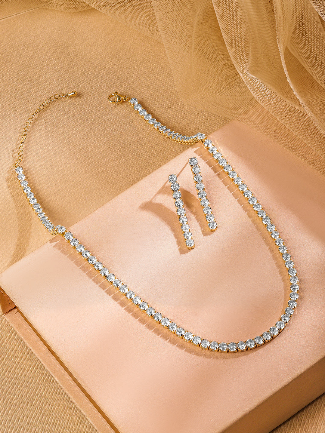 American Diamond Zirconia Tennis Necklace Set Gold