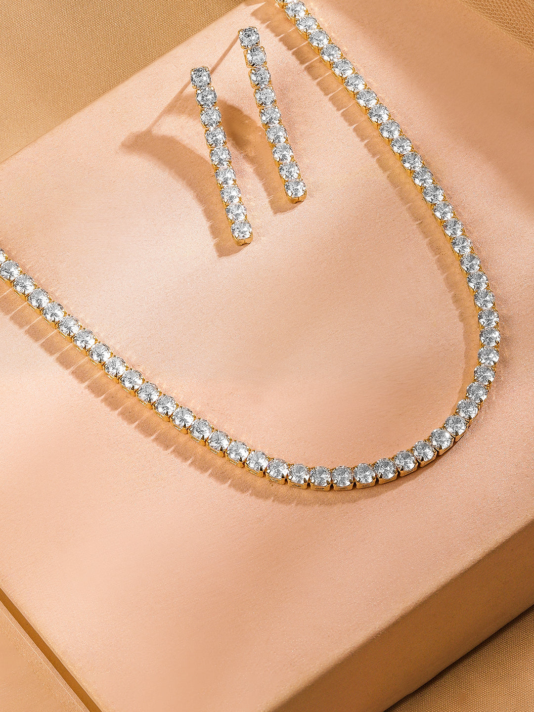 American Diamond Zirconia Tennis Necklace Set Gold