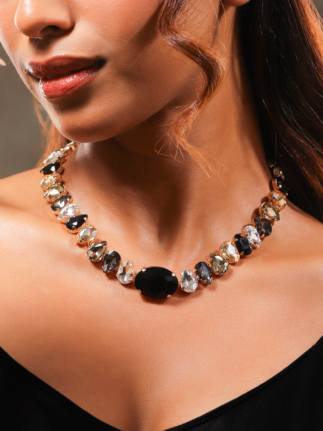 Bold Smoky Crystal Statement Necklace Gold