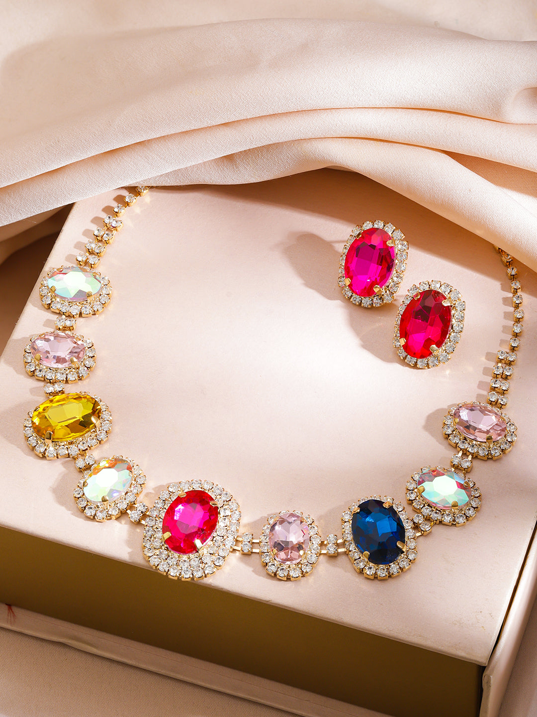 【Rubans】 Multi Colored Crystal Glam Necklace Set｜マルチカラー クリスタル グラム ネックレスセット