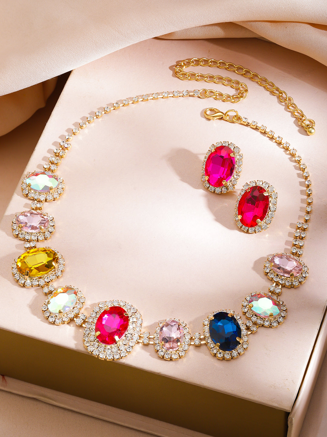 【Rubans】 Multi Colored Crystal Glam Necklace Set｜マルチカラー クリスタル グラム ネックレスセット