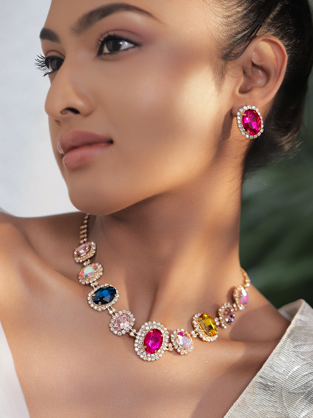 【Rubans】 Multi Colored Crystal Glam Necklace Set｜マルチカラー クリスタル グラム ネックレスセット