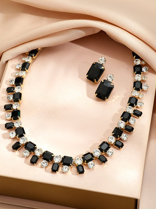 【Rubans】 Geometric Contemporary Crystal Necklace Set - Black｜ジオメトリック コンテンポラリー クリスタル ネックレスセット ブラック