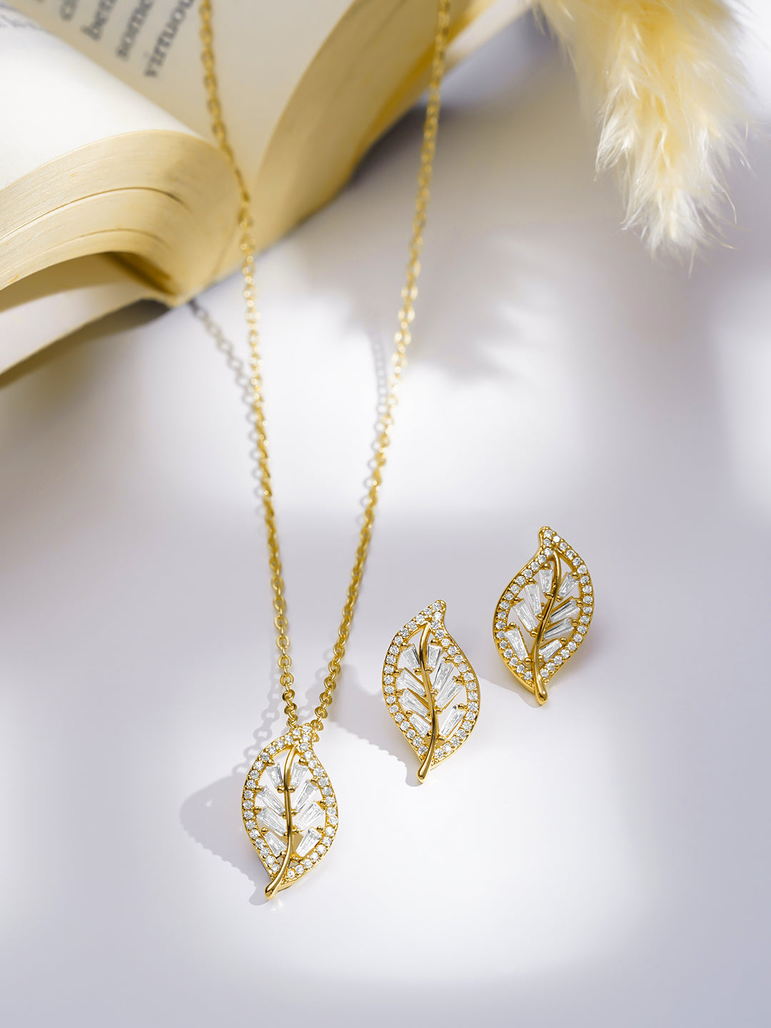 【Rubans】 American Diamond Zirconia Leaf Pendant Necklace Set｜アメリカンダイヤモンド ジルコニア リーフ ペンダント ネックレスセット