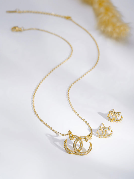 Gold Toned Interlocked Rings Pendant Necklace Set フリーサイズ