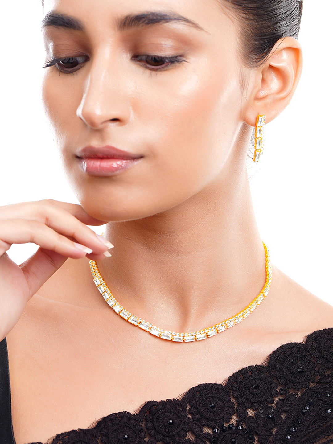【Rubans】 Gold-Plated Crystal Tennis Choker Necklace Set｜ゴールドメッキ クリスタル テニス チョーカー ネックレスセット
