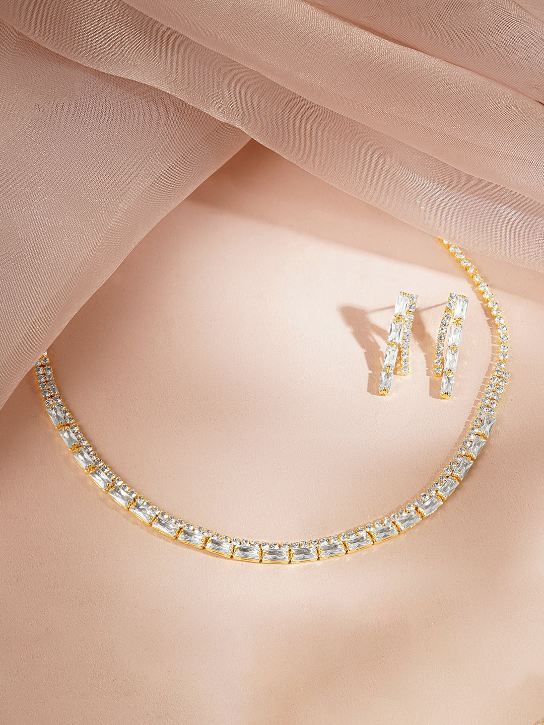 【Rubans】 Gold-Plated Crystal Tennis Choker Necklace Set｜ゴールドメッキ クリスタル テニス チョーカー ネックレスセット
