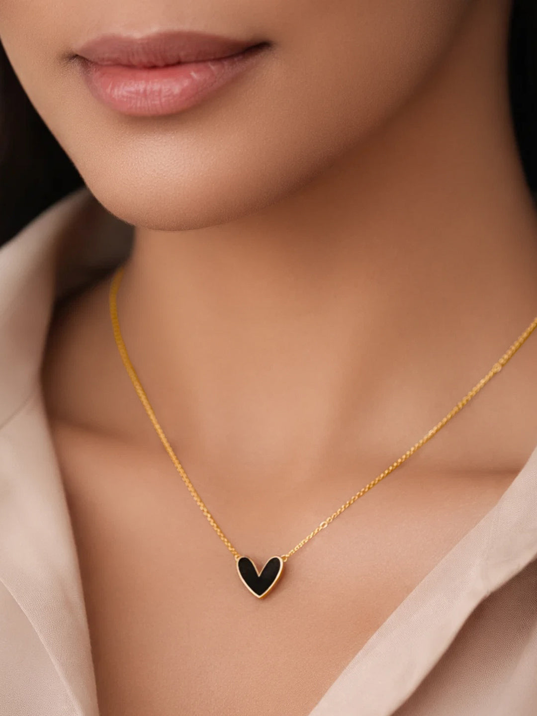 Demi Fine 18K Gold Plated Stainless steel Black Enamel Heart Pendant Necklace Length - 20.5 cm