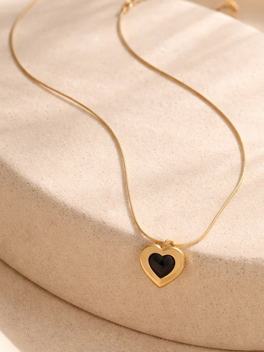 Demi Fine 18K Gold Plated Stainless steel Black Enamel Heart Pendant Necklace Length - 20.8 cm