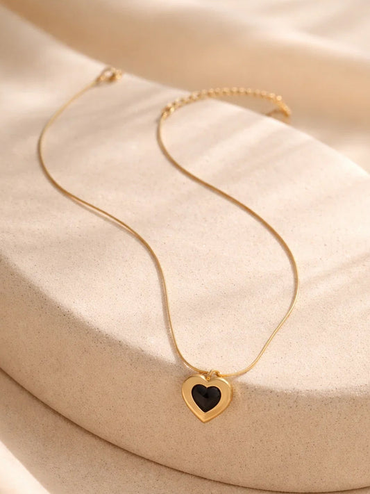Demi Fine 18K Gold Plated Stainless steel Black Enamel Heart Pendant Necklace Length - 20.8 cm