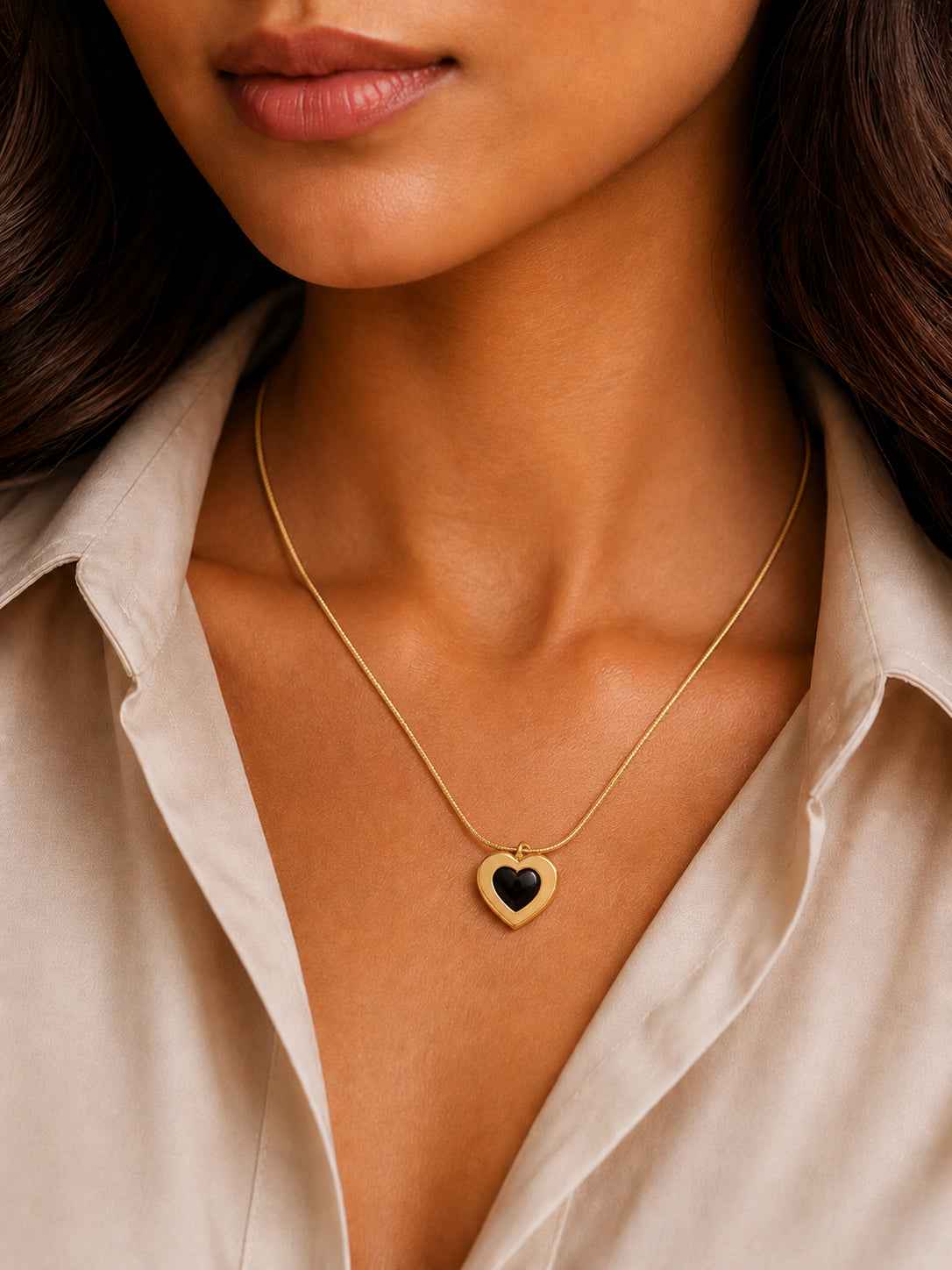 Demi Fine 18K Gold Plated Stainless steel Black Enamel Heart Pendant Necklace Length - 20.8 cm
