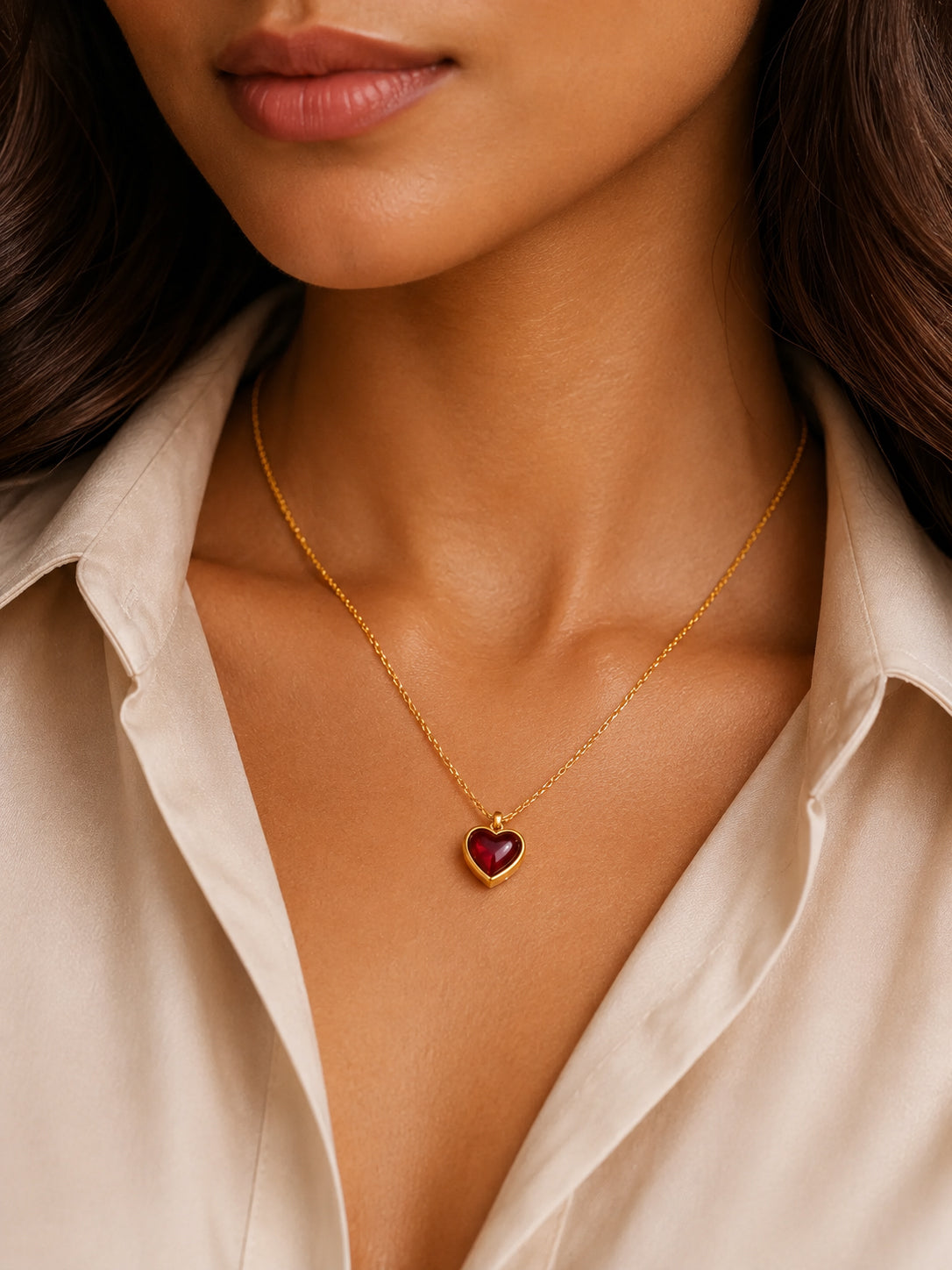 Demi Fine 18K Gold Plated Stainless steel Dainty Red Heart Charm Chain Necklace Length - 20.8 cm