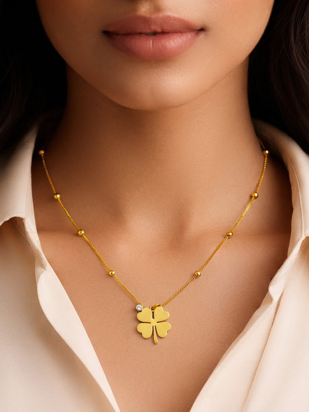 Demi Fine 18K Gold Plated Stainless steel Clover Pendant AD Detail Necklace Length - 22.6 cm