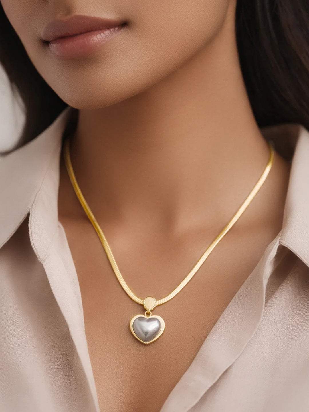 Demi Fine 18K Gold Plated Stainless steel Glossy Pearl Heart Pendent Necklace Length - 20.5 cm