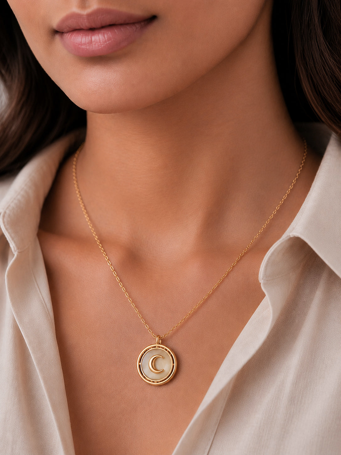 Demi Fine 18K Gold Plated Stainless steel Moon Coin Pendant Charm Necklace Length - 21 cm
