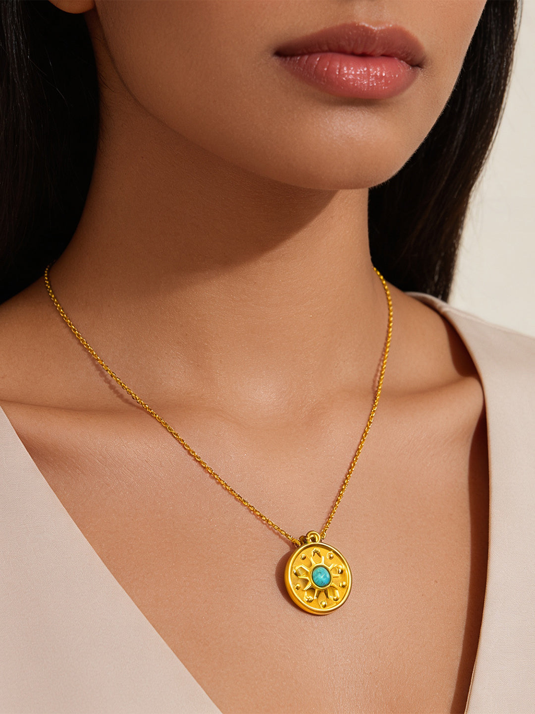 Demi Fine 18K Gold Plated Stainless steel Statement Turquoise Charm Necklace Length - 22.5 cm