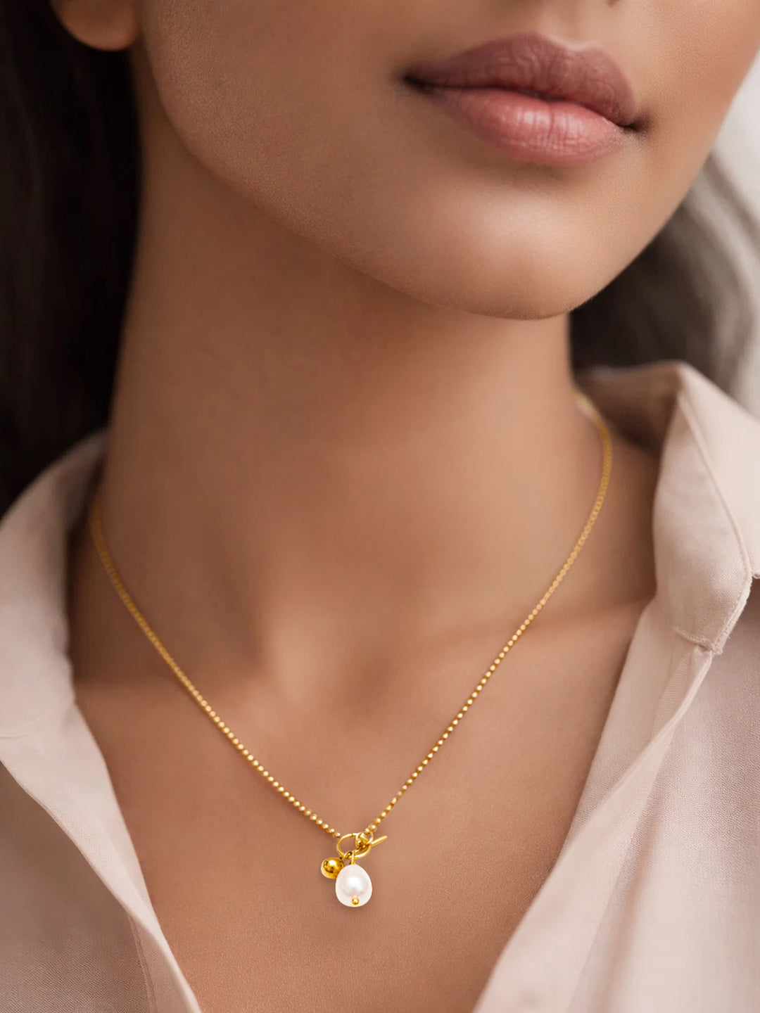 Demi Fine 18K Gold Plated Stainless steel Pearl Drop Toggle Chain Necklace Length - 22.5 cm