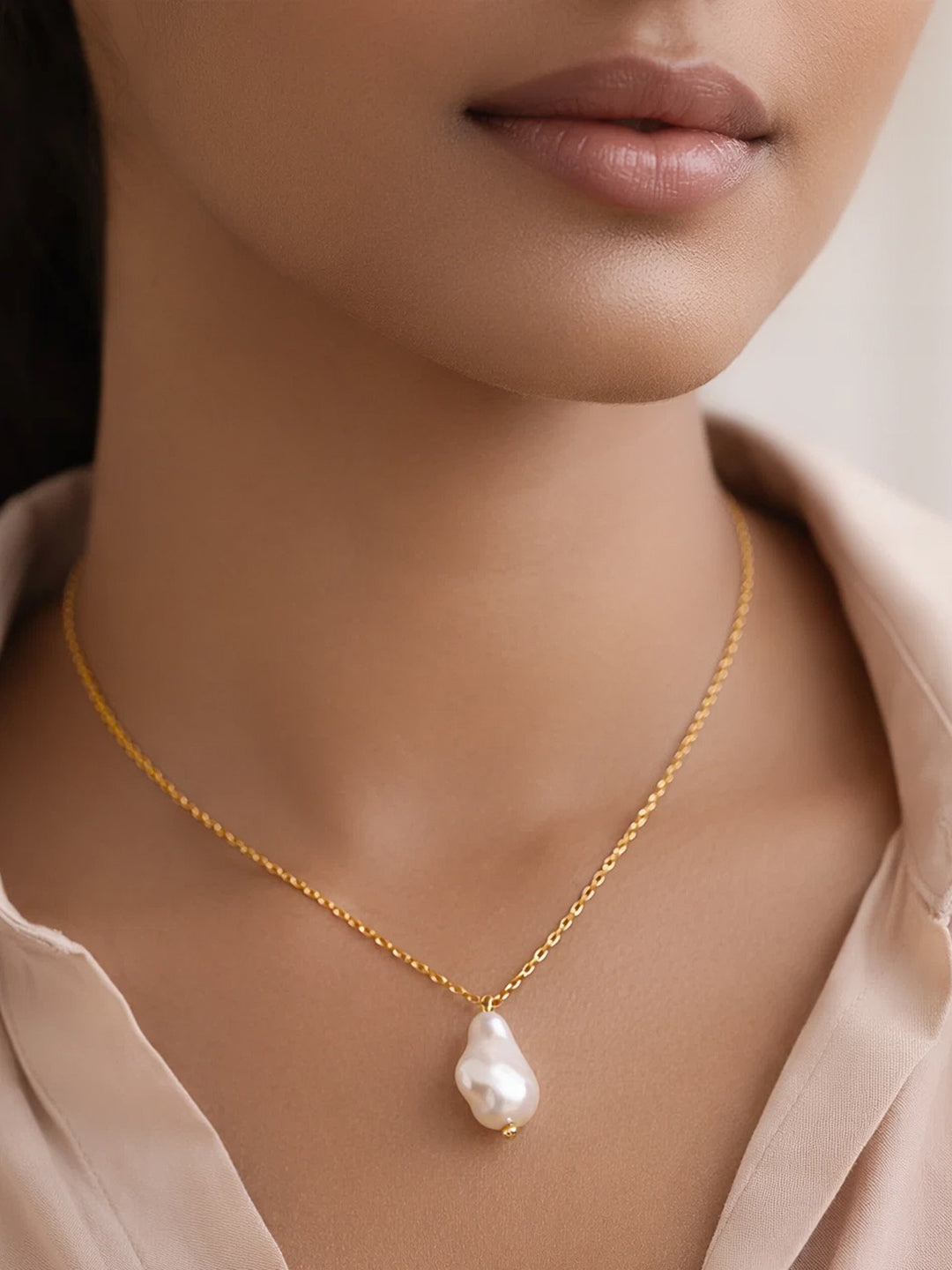 Demi Fine 18K Gold Plated Stainless steel Baroque Pearl Pendant Rope Necklace Length - 28.2 cm