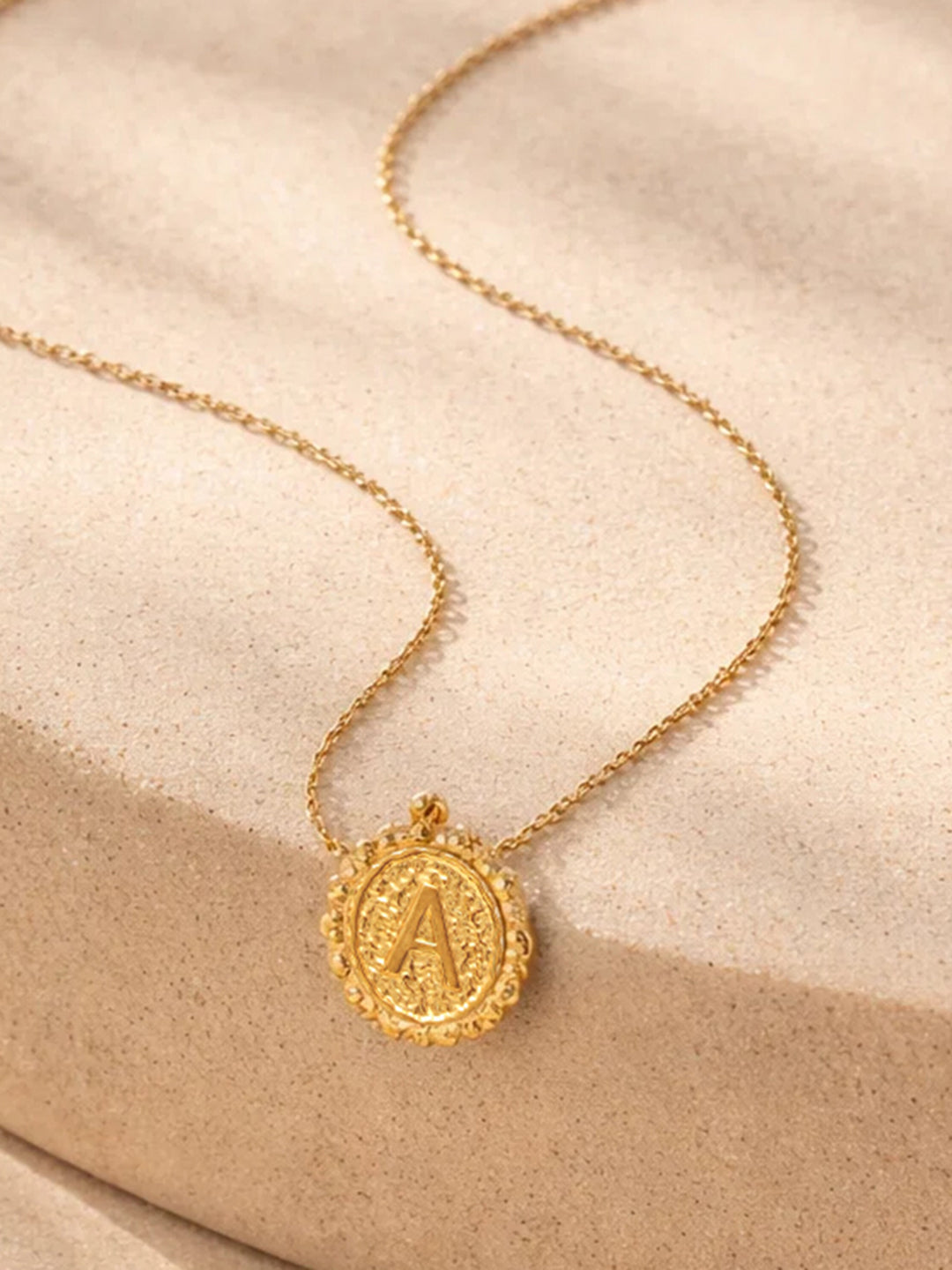 Demi Fine 18K Gold Plated Stainless steel Textured Coin A Pendant Necklace Length - 24.8 cm