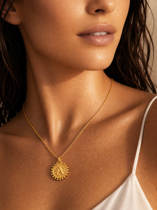 Demi Fine 18K Gold Plated Stainless steel Textured Coin A Pendant Necklace Length - 24.8 cm