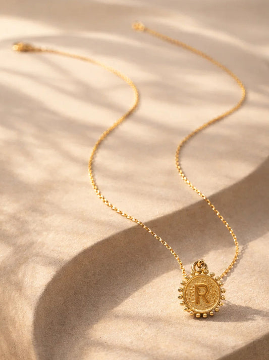 Demi Fine 18K Gold Plated Stainless steel Textured Coin R Pendant Necklace Length - 24.8 cm