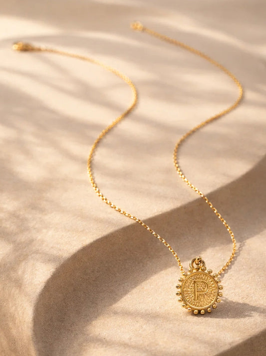 Demi Fine 18K Gold Plated Stainless steel Textured Coin P Pendant Necklace Length - 24.8 cm