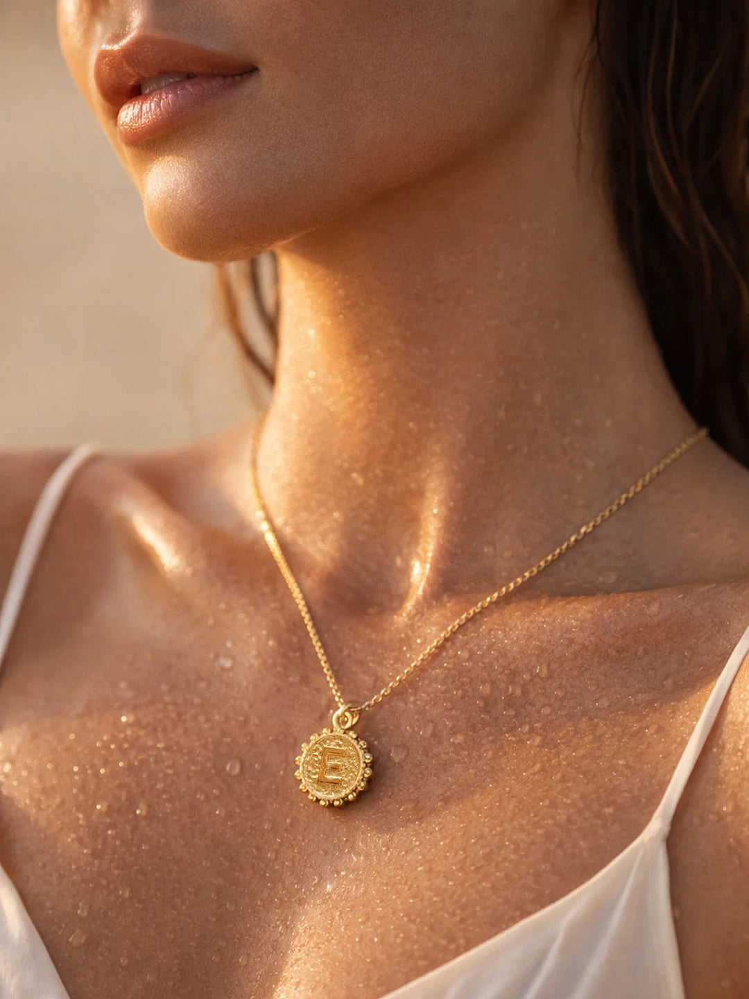 Demi Fine 18K Gold Plated Stainless steel Textured Coin E Pendant Necklace Length - 24.8 cm