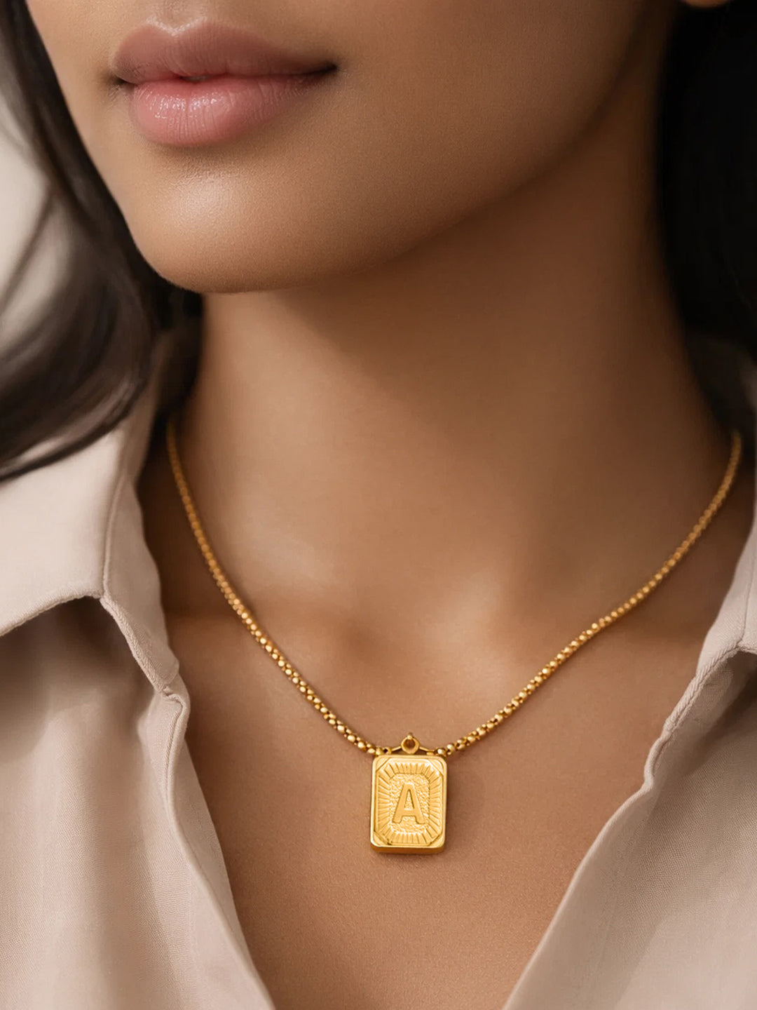 Demi Fine 18K Gold Plated Stainless steel Engraved Square A Pendant Necklace Length - 27.6 cm