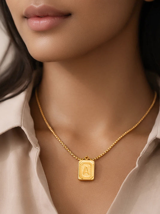 Demi Fine 18K Gold Plated Stainless steel Engraved Square A Pendant Necklace Length - 27.6 cm