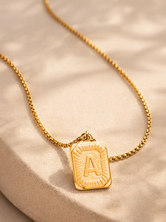 Demi Fine 18K Gold Plated Stainless steel Engraved Square A Pendant Necklace Length - 27.6 cm