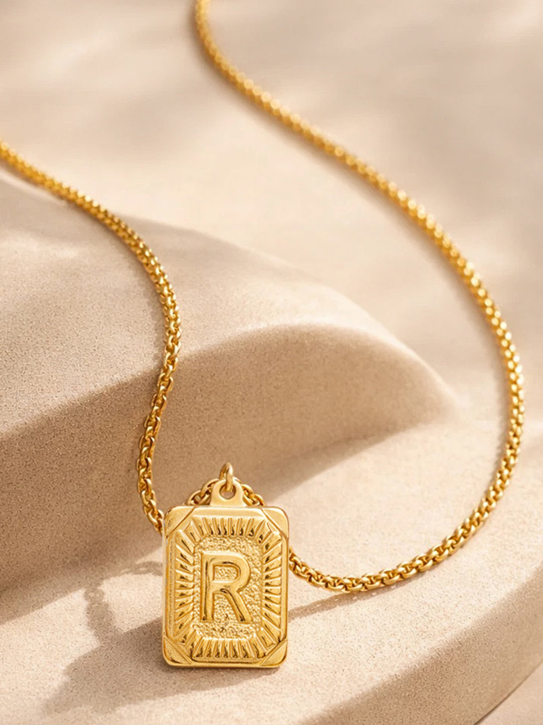 Demi Fine 18K Gold Plated Stainless steel Engraved Square R Pendant Necklace Length - 27.5 cm