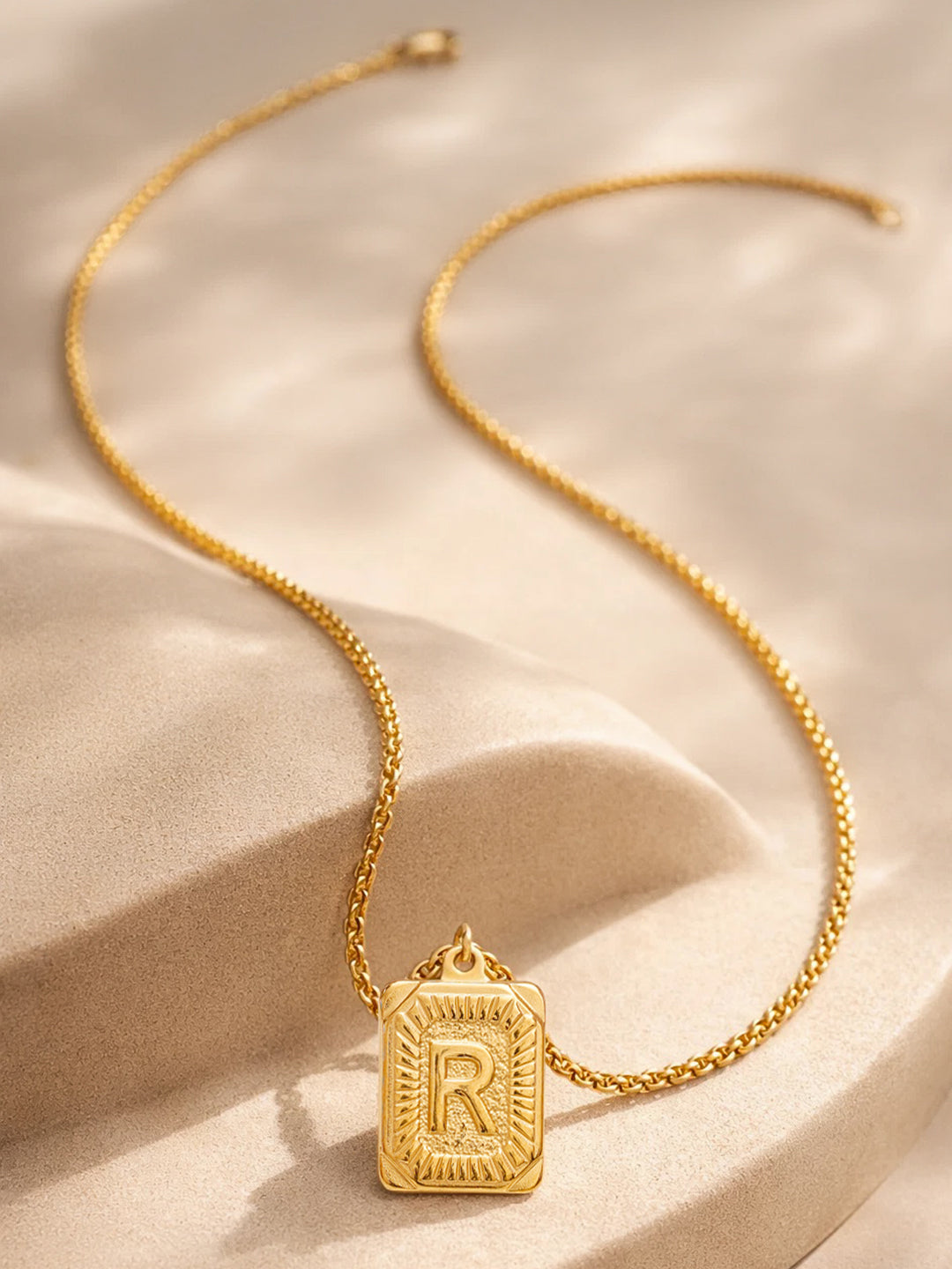 Demi Fine 18K Gold Plated Stainless steel Engraved Square R Pendant Necklace Length - 27.5 cm