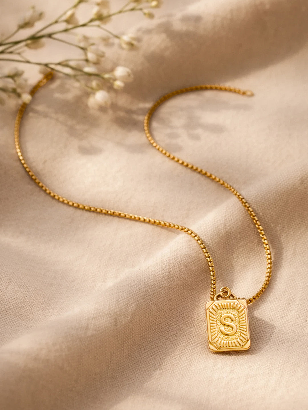 Demi Fine 18K Gold Plated Stainless steel Engraved Square S Pendant Necklace Length - 27.5 cm