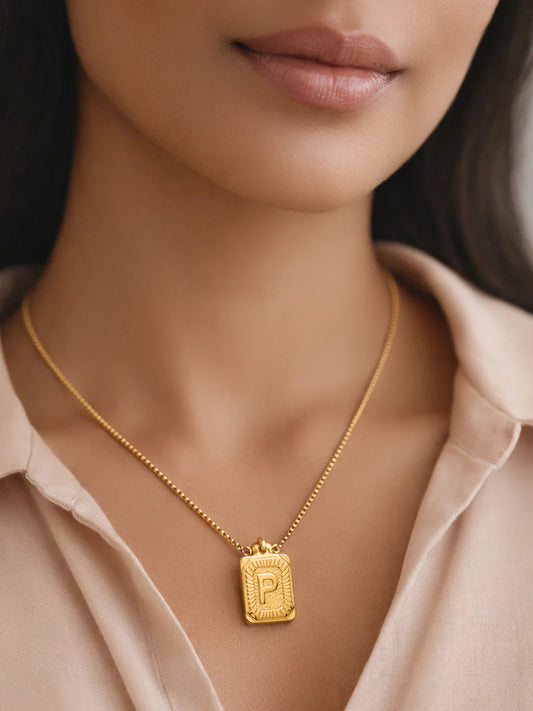 Demi Fine 18K Gold Plated Stainless steel Engraved Square P Pendant Necklace Length - 27.6 cm