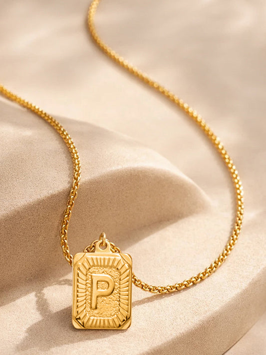 Demi Fine 18K Gold Plated Stainless steel Engraved Square P Pendant Necklace Length - 27.6 cm