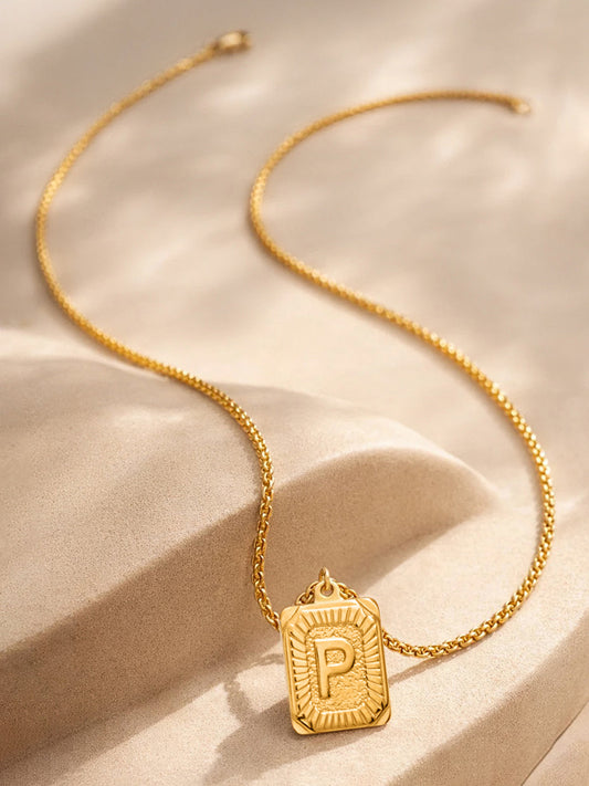 Demi Fine 18K Gold Plated Stainless steel Engraved Square P Pendant Necklace Length - 27.6 cm
