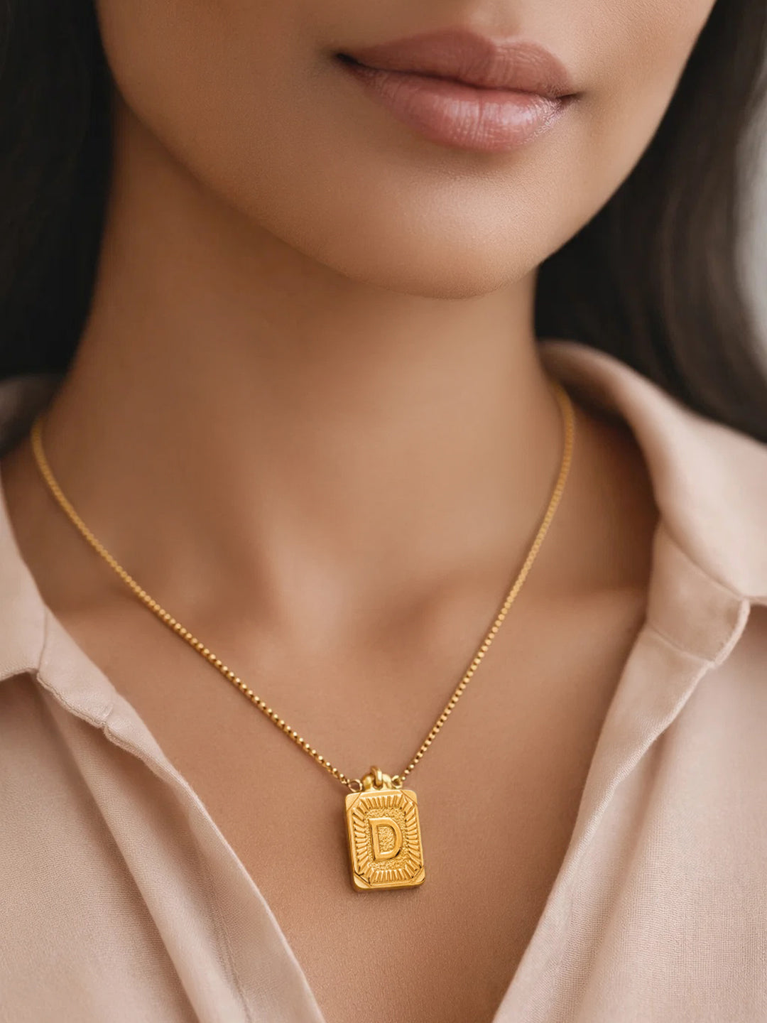 Demi Fine 18K Gold Plated Stainless steel Engraved Square D Pendant Necklace Length - 27.5 cm