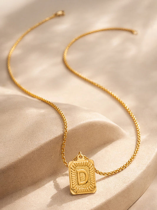 Demi Fine 18K Gold Plated Stainless steel Engraved Square D Pendant Necklace Length - 27.5 cm
