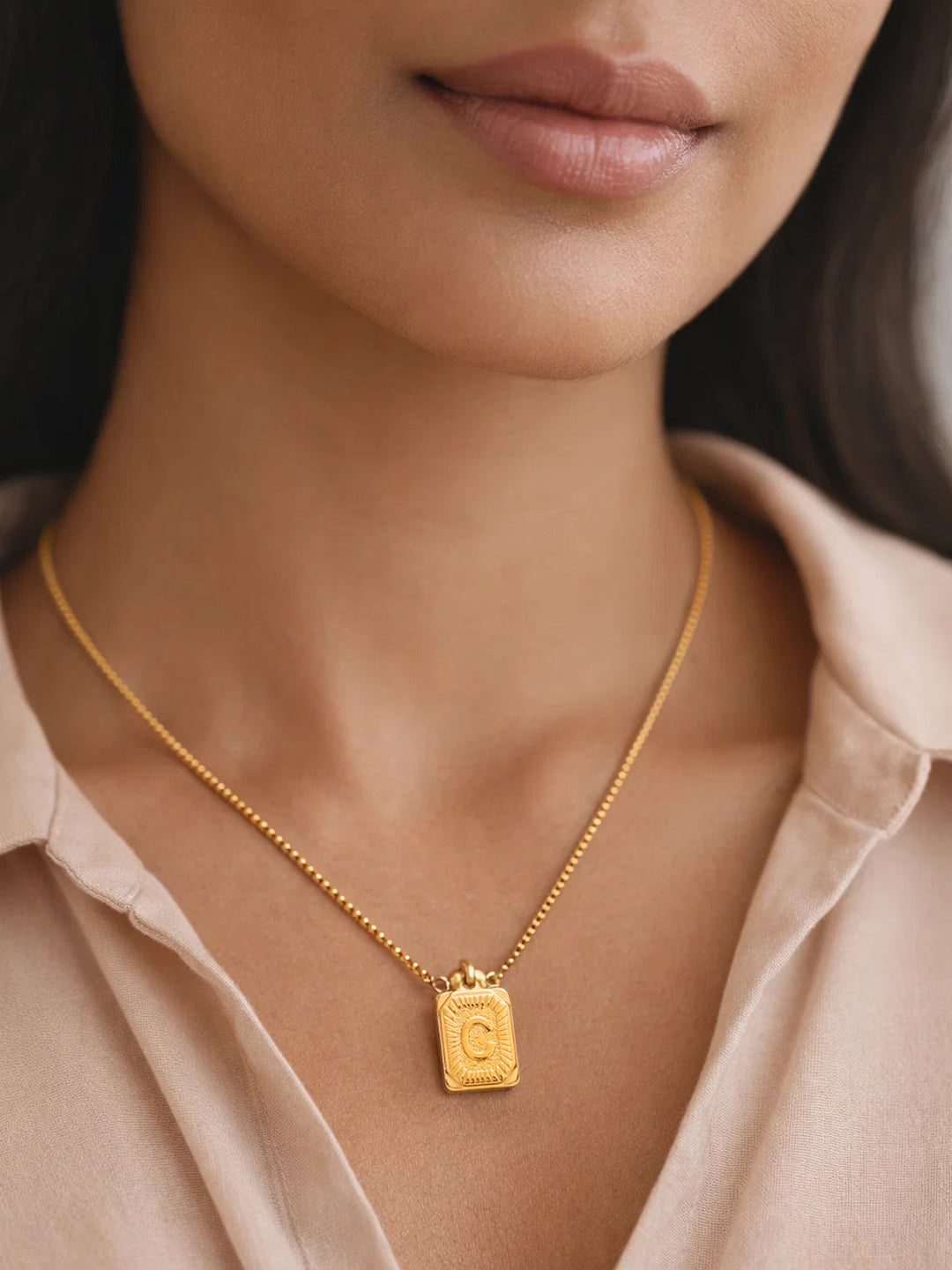Demi Fine 18K Gold Plated Stainless steel Engraved Square C Pendant Necklace Length - 27.6 cm