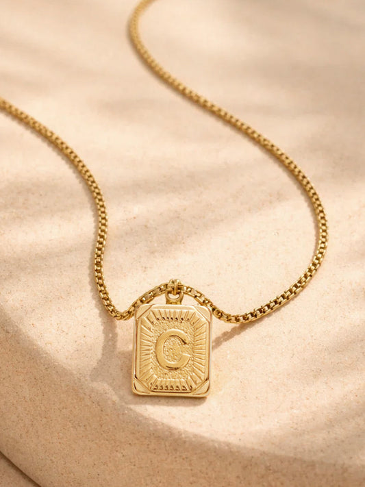 Demi Fine 18K Gold Plated Stainless steel Engraved Square C Pendant Necklace Length - 27.6 cm