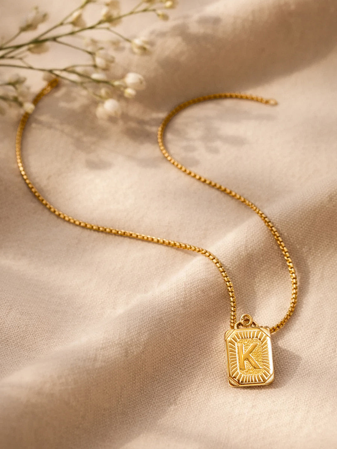 Demi Fine 18K Gold Plated Stainless steel Engraved Square K Pendant Necklace Length - 27.5 cm