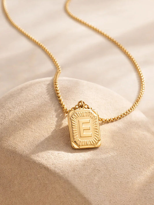 Demi Fine 18K Gold Plated Stainless steel Engraved Square E Pendant Necklace Length - 27.5 cm