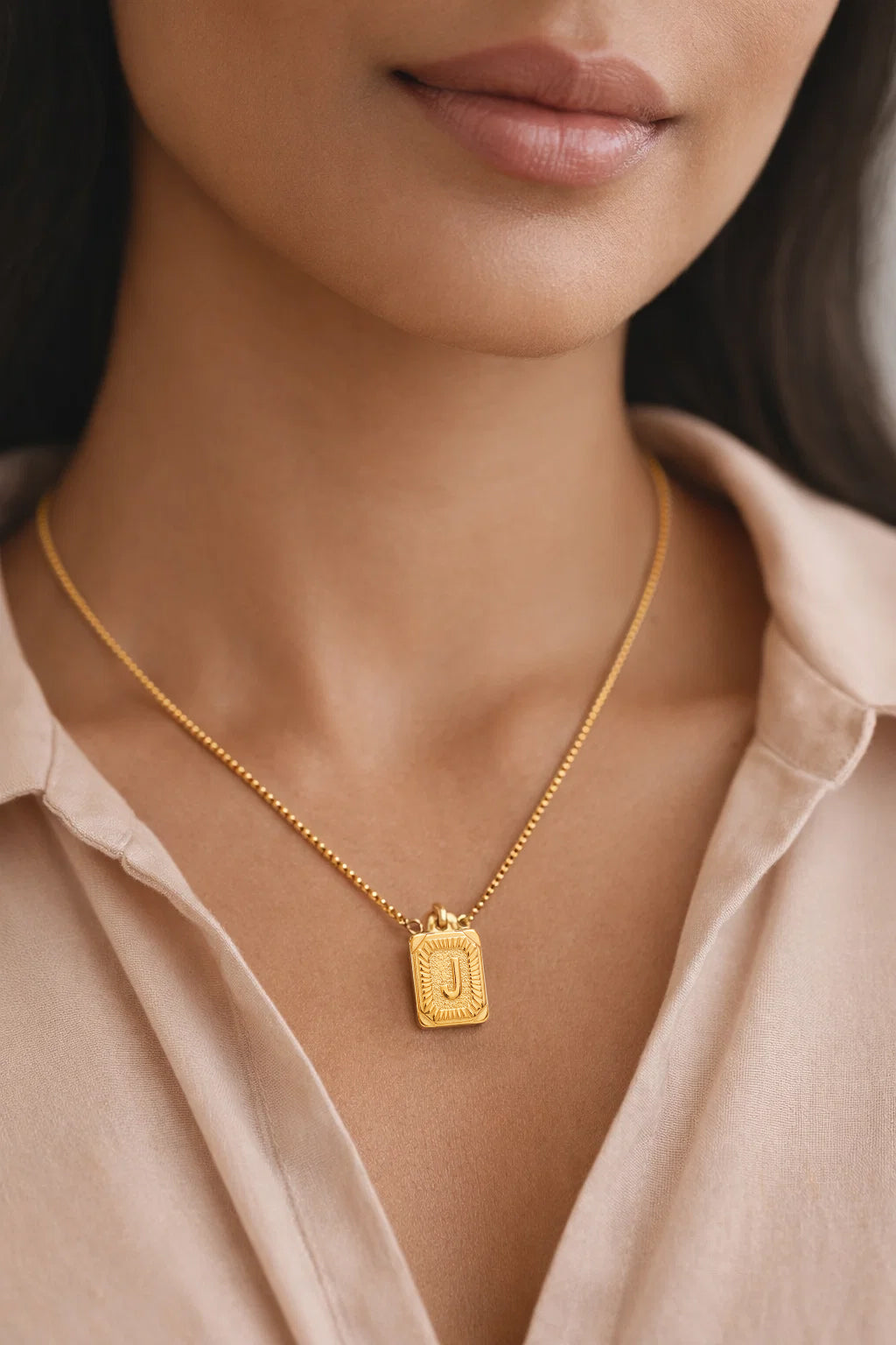 Demi Fine 18K Gold Plated Stainless steel Engraved Square J Pendant Necklace Length - 27.6 cm