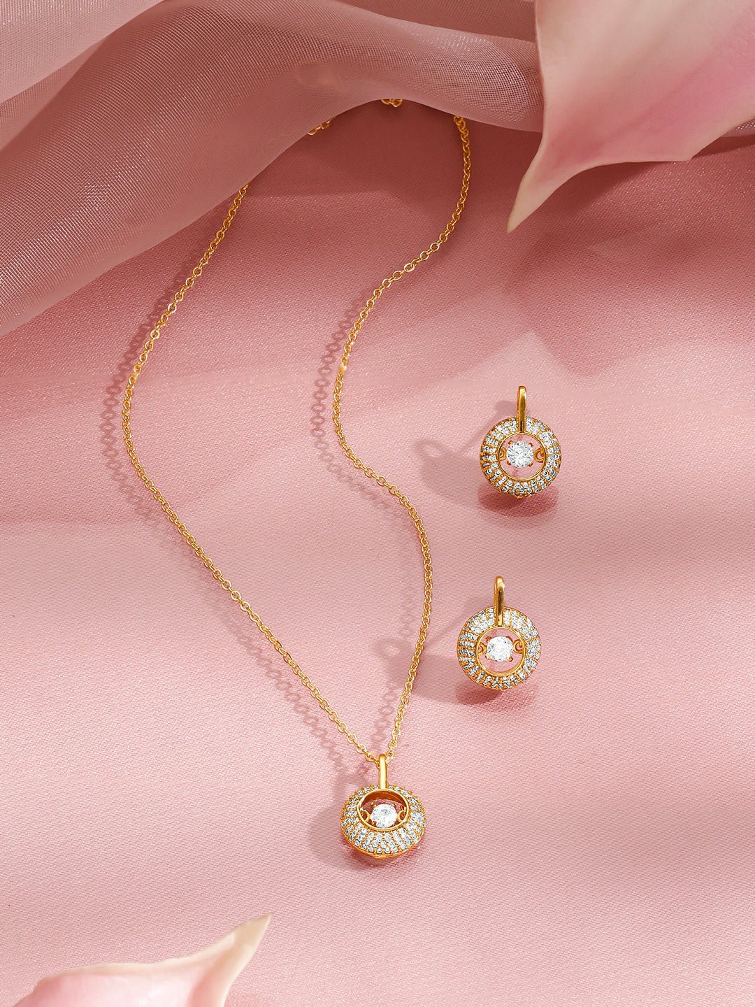 【Rubans】 18K Gold Plated Brass Gold Crystal AD Studded Pendant Necklace Set｜18K ゴールドメッキ クリスタル AD ペンダント ネックレスセット