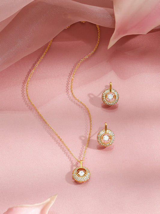【Rubans】 18K Gold Plated Brass Gold Crystal AD Studded Pendant Necklace Set｜18K ゴールドメッキ クリスタル AD ペンダント ネックレスセット
